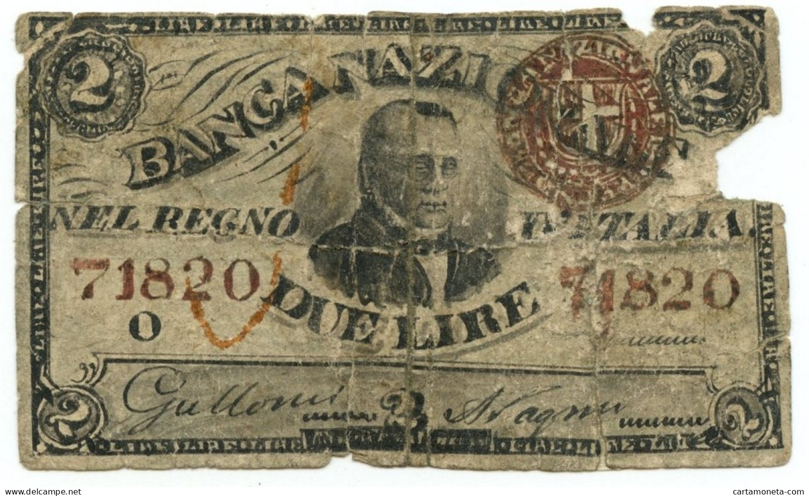 2 LIRE FALSO D'EPOCA DISEGNO A MANO BANCA NAZIONALE REGNO ITALIA CAVOUR 1866 MB - [ 8] Fictifs & Specimens