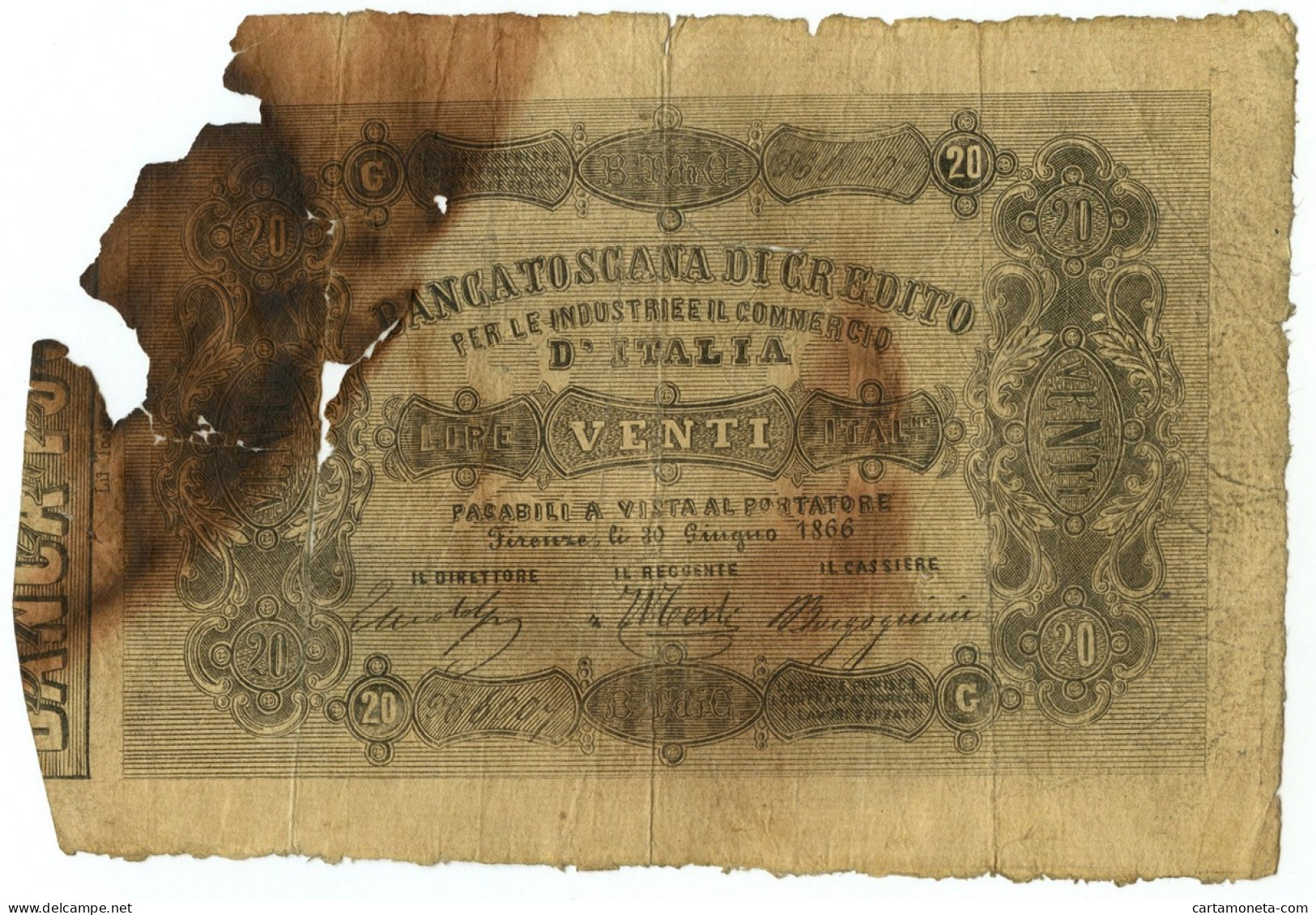 20 LIRE FALSO D'EPOCA BANCA TOSCANA DI CREDITO INDUSTRIA COMMERCIO 20/06/1866 MB - [ 8] Vals En Specimen