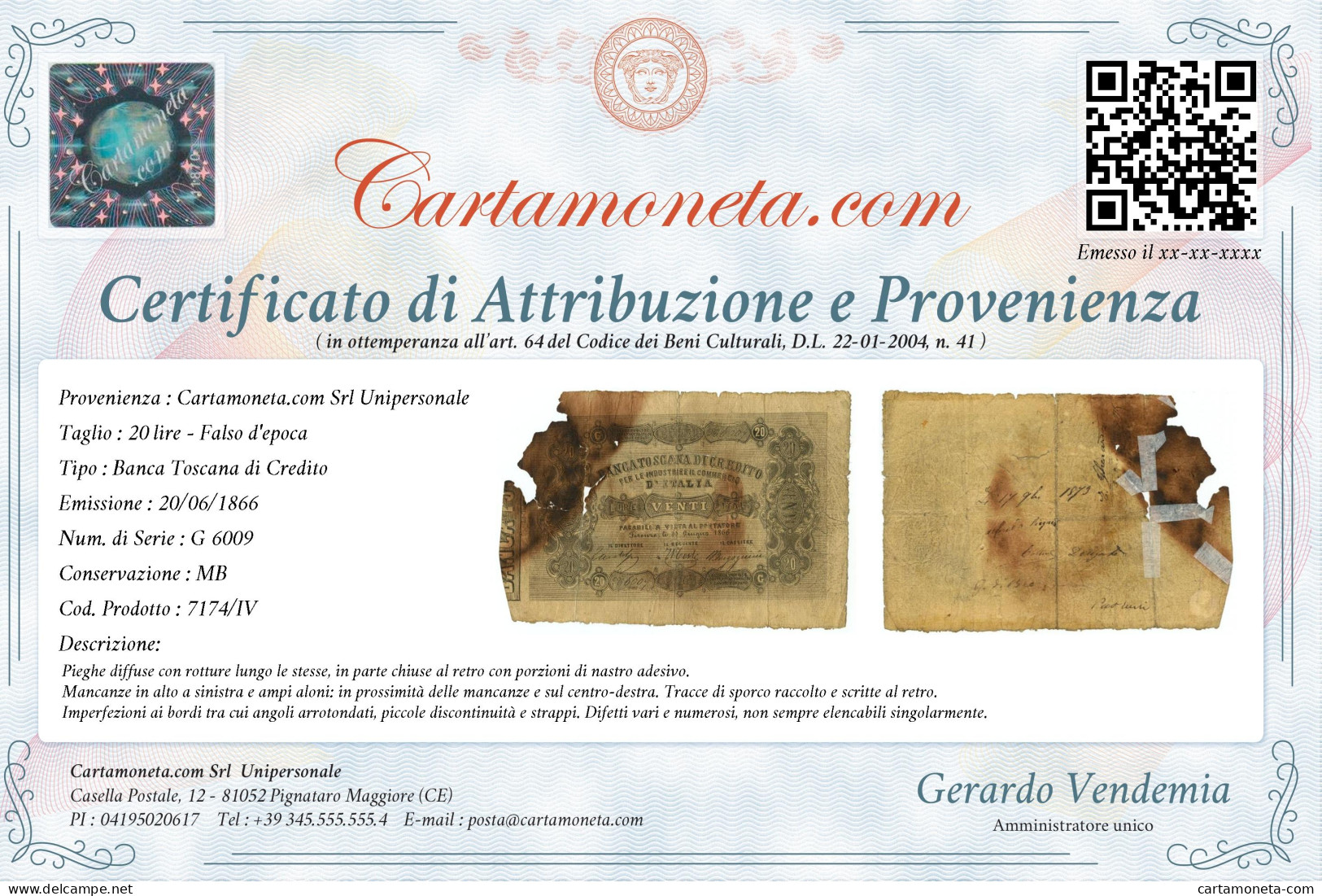 20 LIRE FALSO D'EPOCA BANCA TOSCANA DI CREDITO INDUSTRIA COMMERCIO 20/06/1866 MB - [ 8] Fakes & Specimens