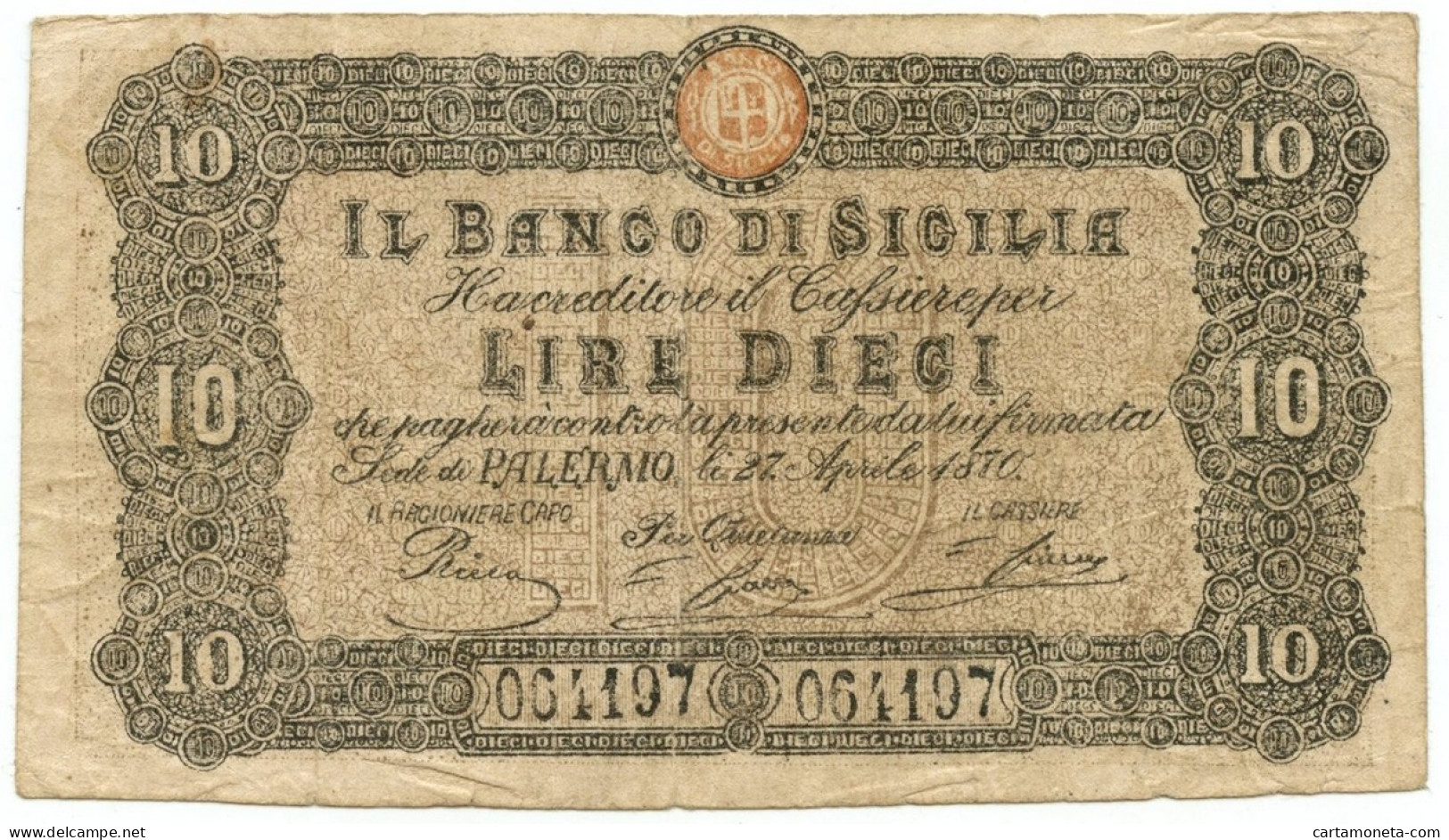 10 LIRE FALSO D'EPOCA BANCO DI SICILIA FEDE DI CREDITO 27/04/1870 QBB - [ 8] Specimen