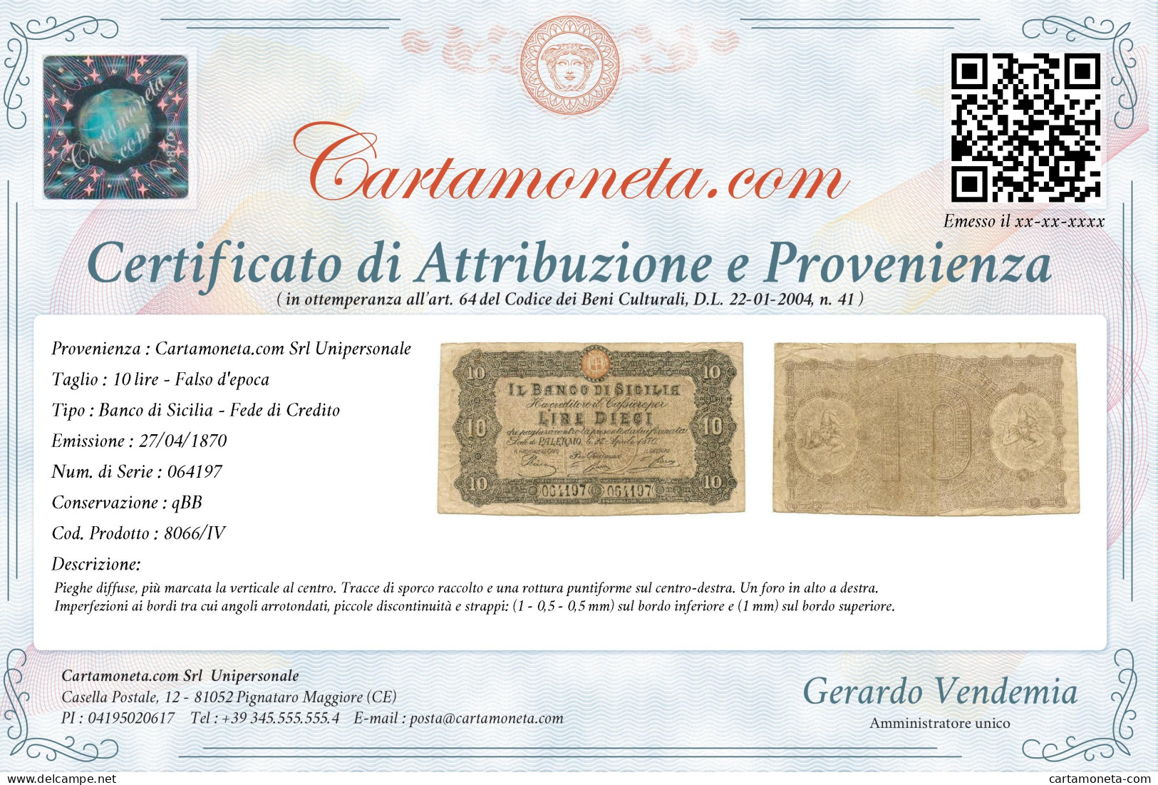 10 LIRE FALSO D'EPOCA BANCO DI SICILIA FEDE DI CREDITO 27/04/1870 QBB - [ 8] Ficticios & Especimenes