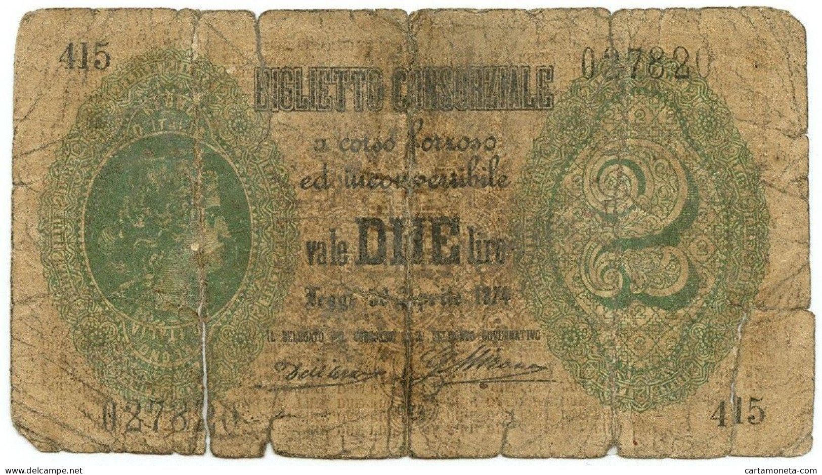 2 LIRE FALSO D'EPOCA BIGLIETTO CONSORZIALE REGNO D'ITALIA 30/04/1874 MB - [ 8] Fictifs & Specimens