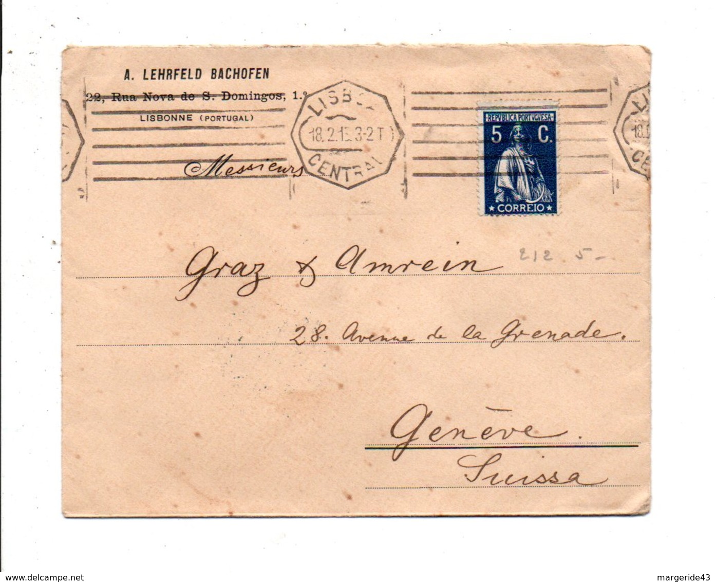 PORTUGAL LETTRE A EN TETE  POUR LA SUISSE 1915 - Covers & Documents