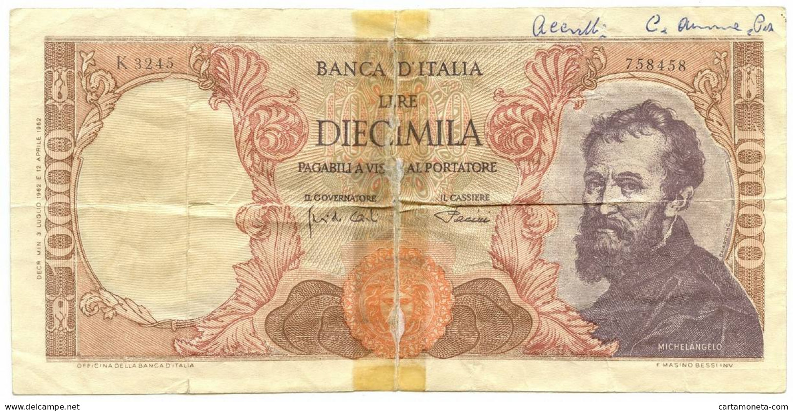 10000 LIRE FALSO D'EPOCA MICHELANGELO MEDUSA 03/07/1962 MB+ - [ 8] Specimen