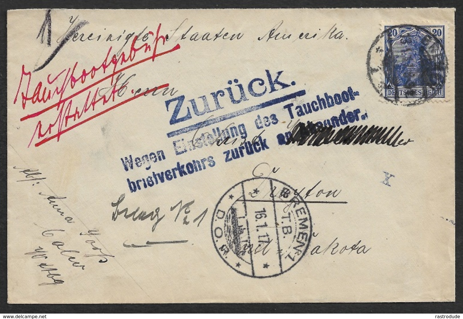 1917 DR - UBOOT BRIEF - SUBMARINE MAIL SEEPOST Nach USA - ZURÜCK - BRIEFVERKEHER EINGESTELLT - Lettres & Documents