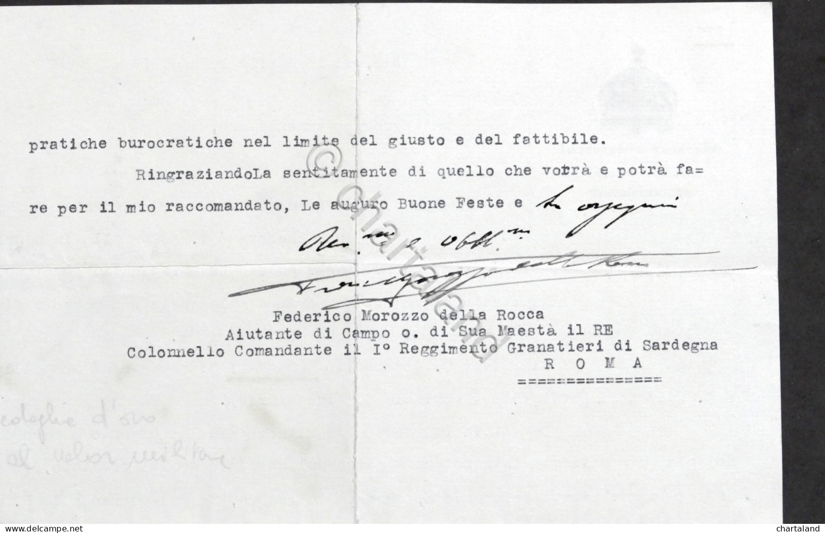 Autografo Del Generale Federico Morozzo Della Rocca - 1928 - Altri & Non Classificati