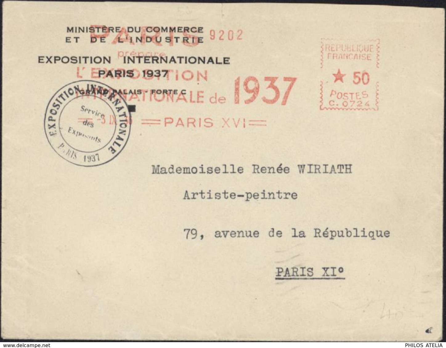 Ministère Commerce Industrie Exposition Internationale Paris 1937 EMA Machine Affranchir C 0724 - EMA (Printer Machine)