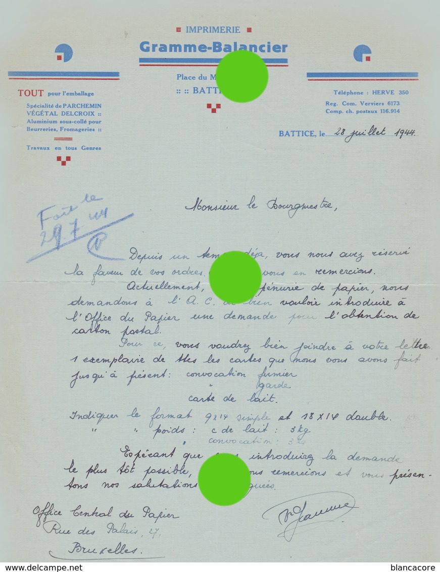 Battice ( Herve )  1944 Imprimerie GRAMME BALANCIER - Imprenta & Papelería