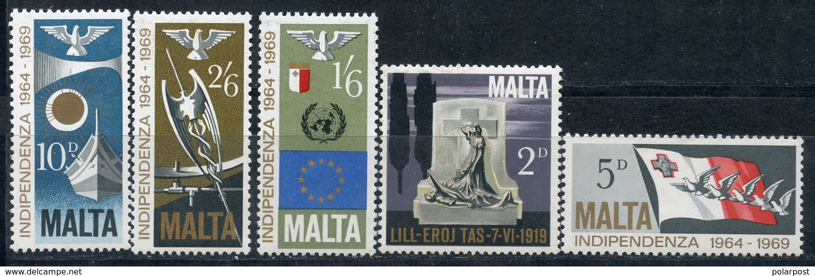 Malta 1969 3973-395 5 Years Of Independence Of Malta. Pigeons And The Flag Of Malta. Dove, UN Emblem And EU Flag. Dove A - Malta