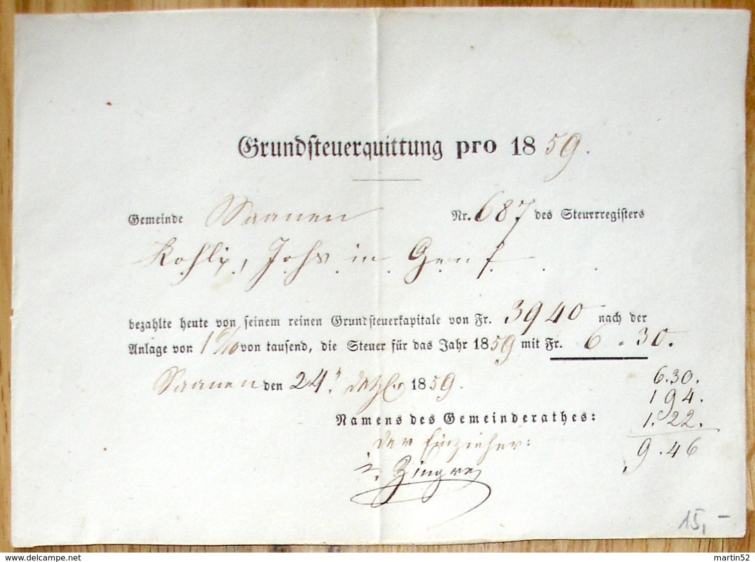 Schweiz Suisse 1859: Grundsteuer-Quittung Pro 1859 Namens Des Gemeinderathes (Vertikal-Bug - Pliée Verticale) - Seals Of Generality