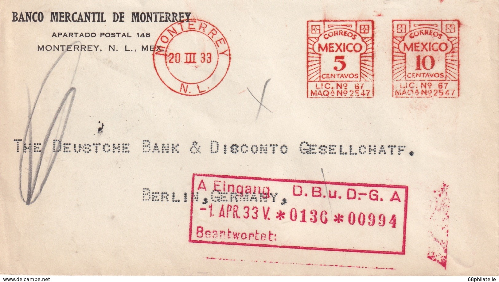 MEXIQUE 1933  EMA LETTRE DE MONTERREY POUR BERLIN - Mexico