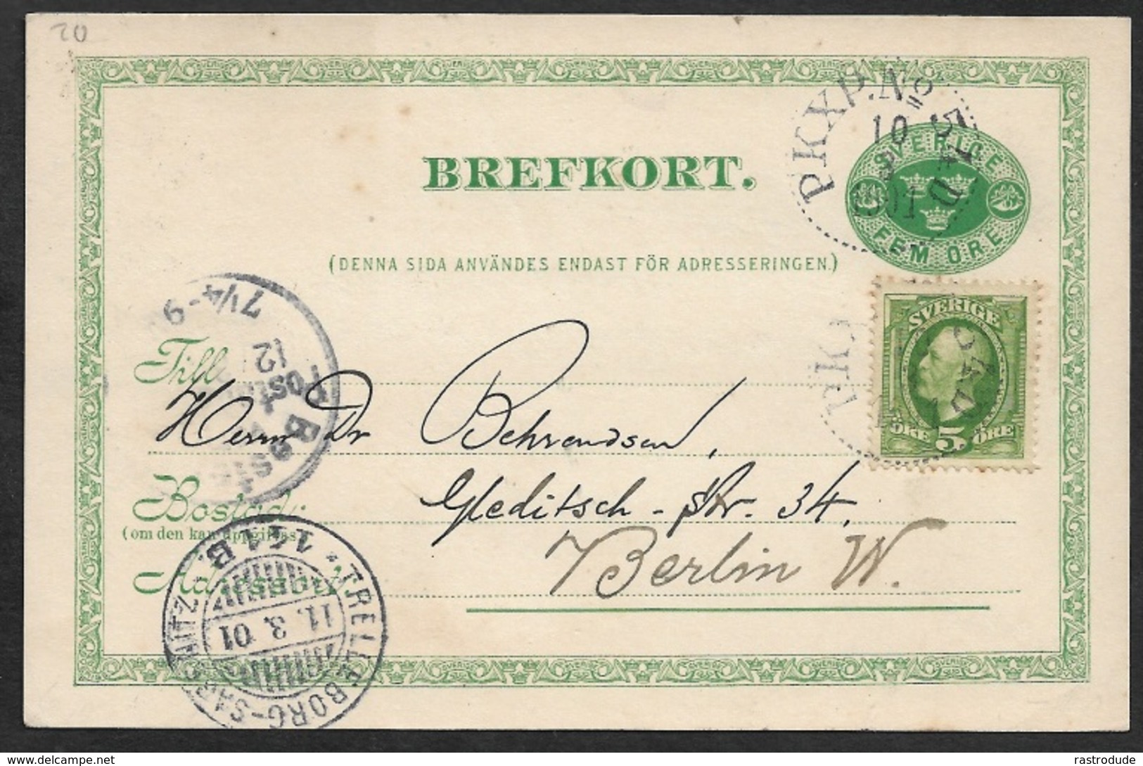 1901 SCHWEDEN GZ Nach BERLIN Mit ZUSATZFRANKATUR - SCHIFFSPOST - TRELLEBORG-SASSNITZ - Ganzsachen