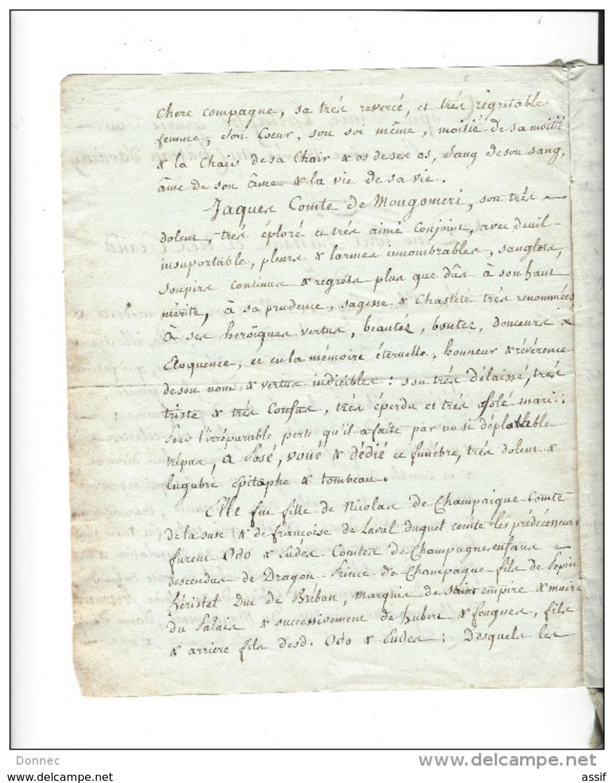 PAPIER - Copie D'une Epitaphe ( Péronnelle De Champagne - La Suze , épouse De Jacques De Montgomery - 1551-1609 ) - Manuscritos