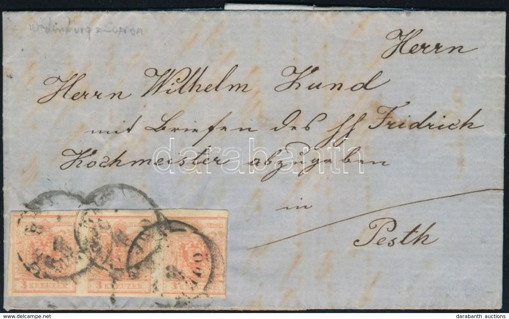 1856 3kr MP Hármascsík Levélen 'ÖDENBU(RG)' Pesth - Andere & Zonder Classificatie