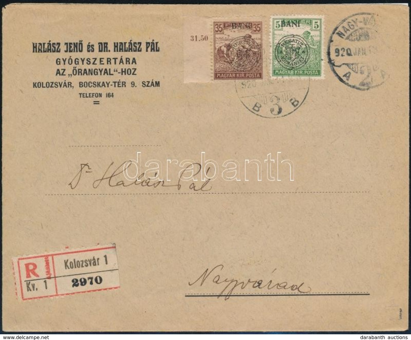 Kolozsvár 1920 Távolsági Ajánlott Levél 'KOLOZSVÁR' - 'NAGY-VÁRAD' Signed: Bodor - Otros & Sin Clasificación