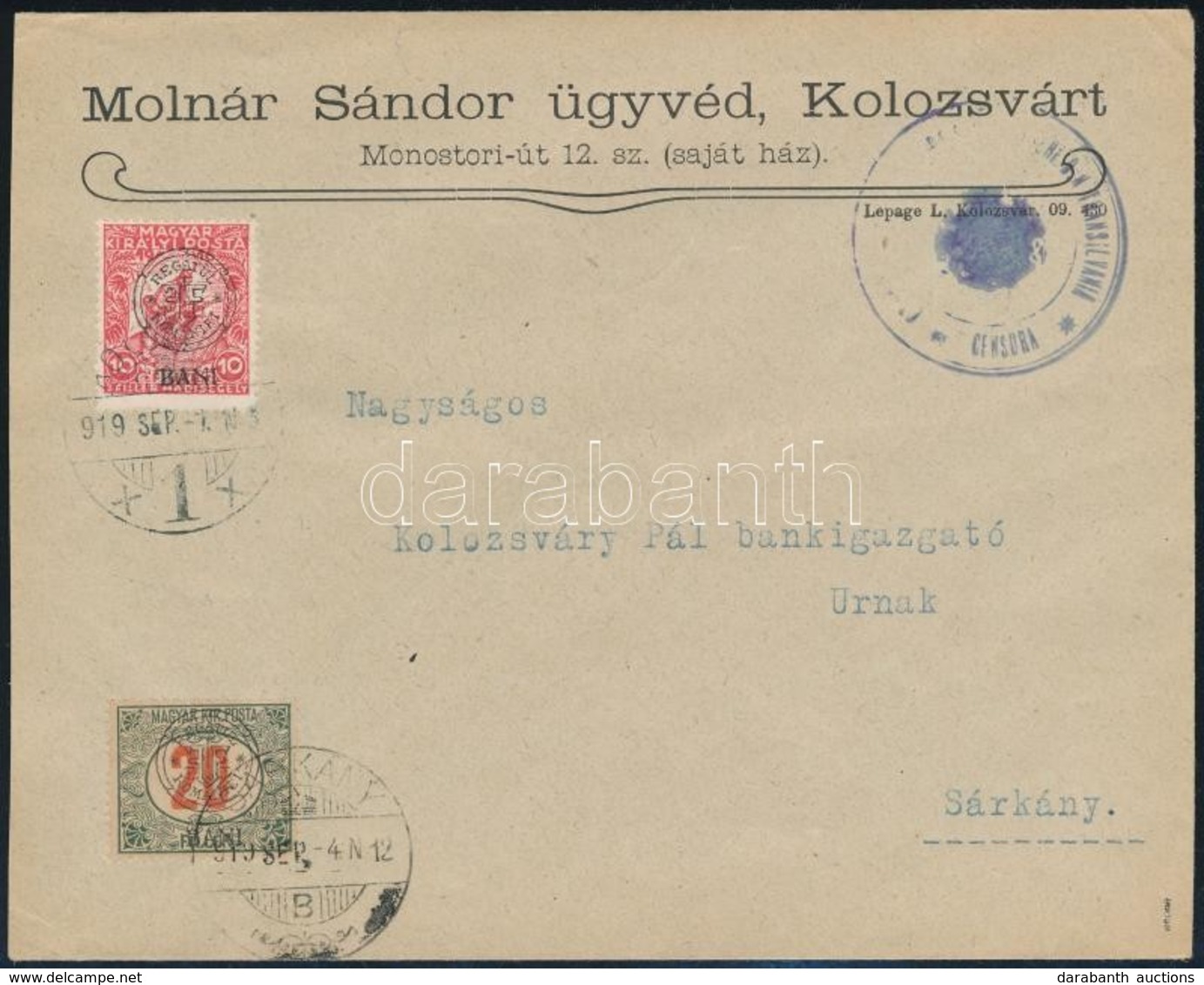 Kolozsvár 1919 Távolsági Levél, Portózva 'KOLOZSVÁR' - 'SÁRKÁNY' Signed: Bodor - Andere & Zonder Classificatie