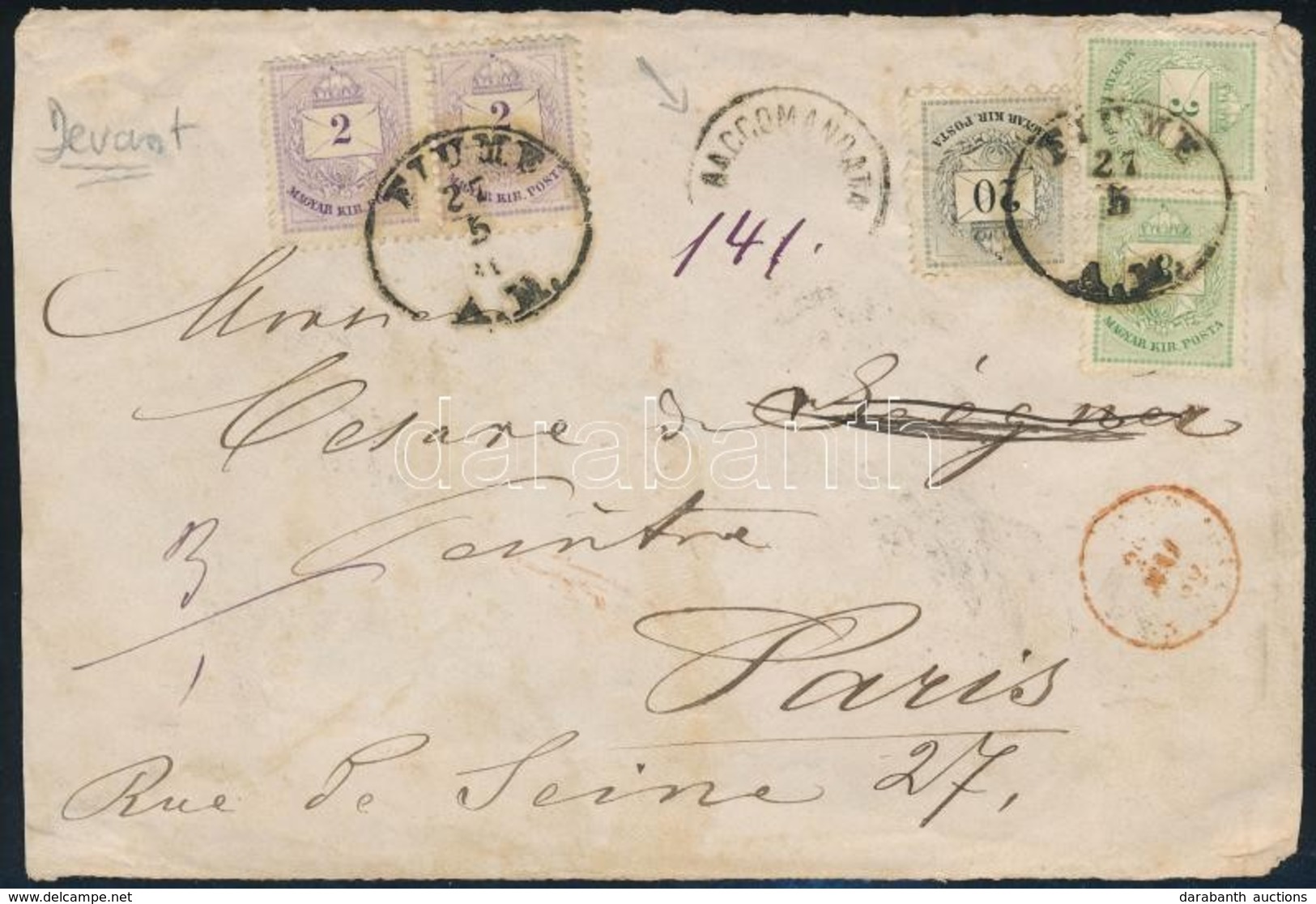 1874 Párizsba Küldött Ajánlott Levél Előlapja Színesszámú 2 X 2kr + 2 X 3kr + 20kr Bérmentesítéssel ,,FIUME' - Paris - Autres & Non Classés