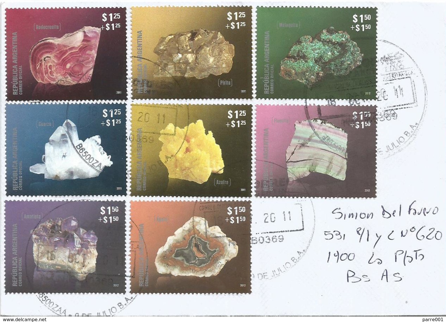 Argentina 2012 Buenos Aires Minerals Malachyte Piryt Quarz Amathist Agaat Fluorite Sulphur Surtaxe Cover - Mineralen