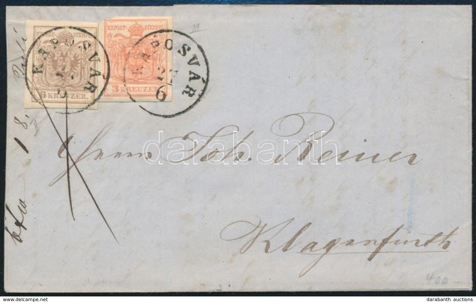 ~1850 6kr + 3kr Levélen 'KAPOSVÁR' (1 Szárnya Hiányzik) - Altri & Non Classificati