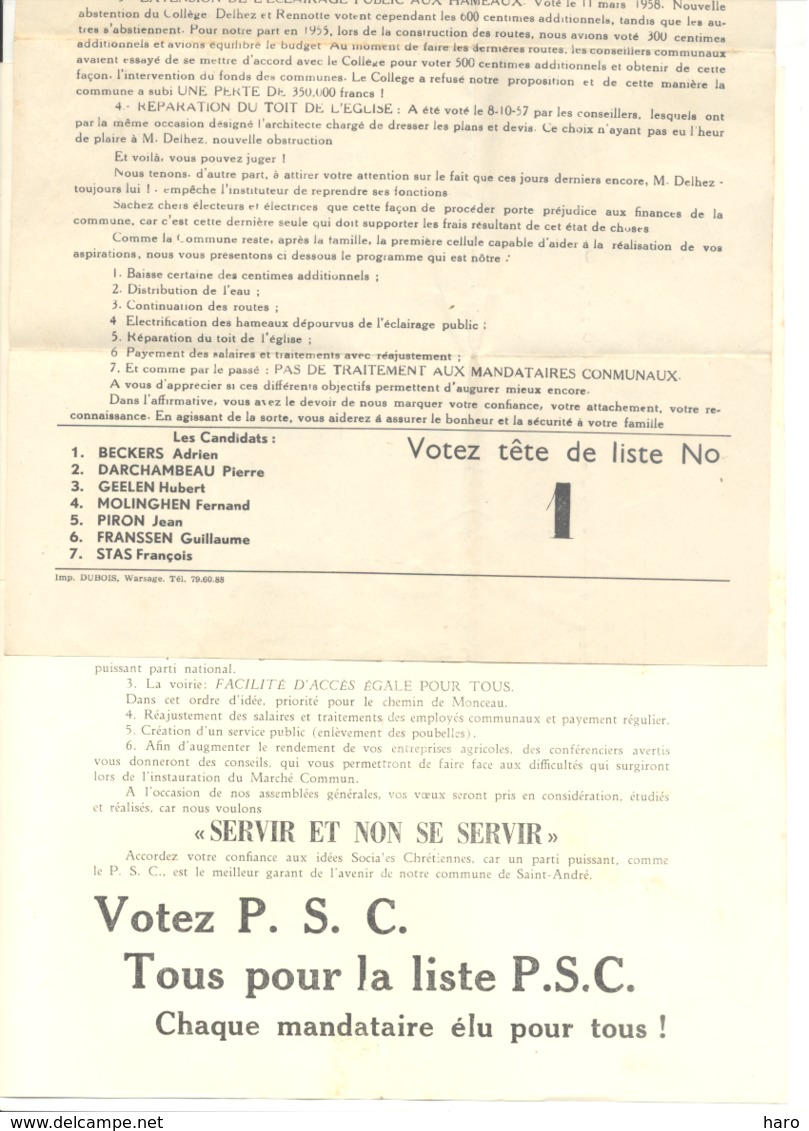 SAINT - ANDRE ( Dalhem ) Elections Communales De 1958 - Listes, Programmes, Partis, ..4 Documents + Env..(b253) - Non Classificati