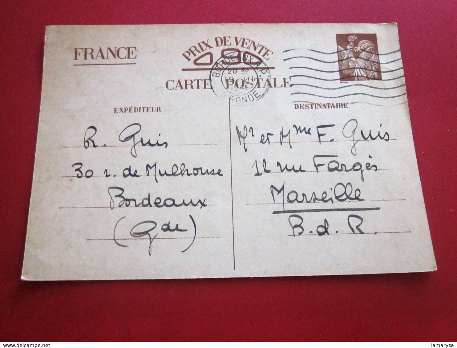 WWII-Entiers Postaux Iris Carte Postale Soumise Censure Zone Occupée/Libre Guerre 1939-45 Bordeaux-Begles 1941/Marseille - Standaardpostkaarten En TSC (Voor 1995)