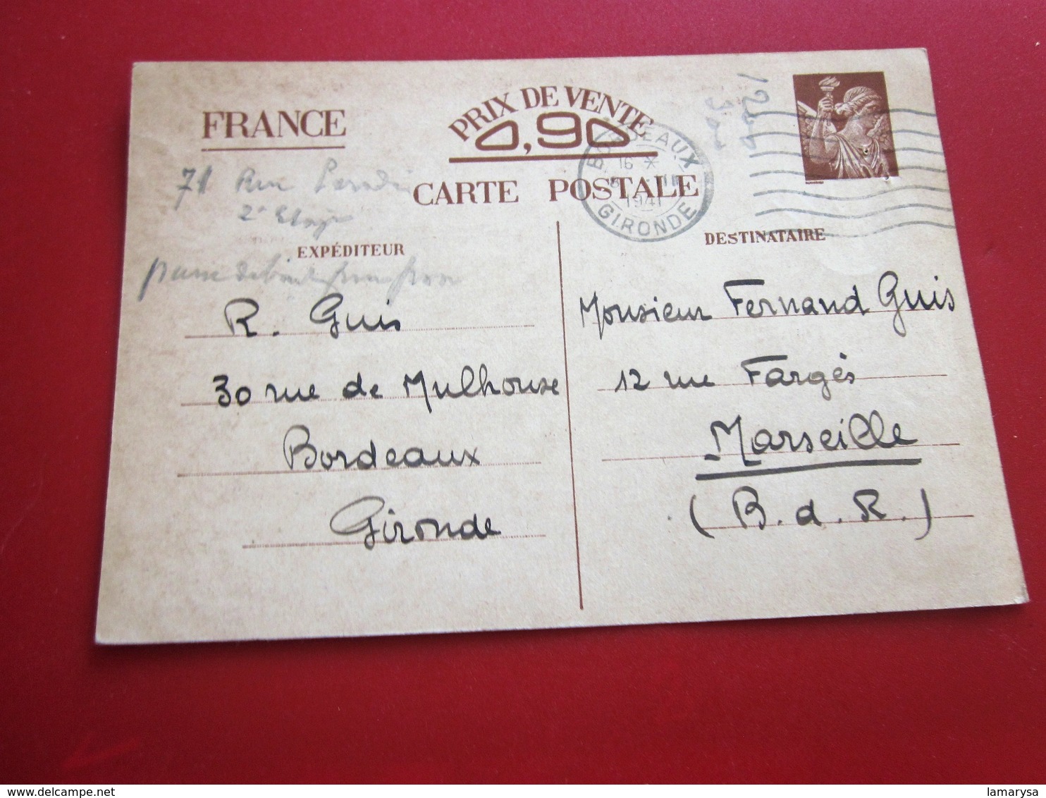 WWII-Entiers Postaux Iris Carte Postale Soumise Censure Zone Occupée/Libre Guerre 1939-45 Bordeaux-Begles 1941/Marseille - Cartes Postales Types Et TSC (avant 1995)