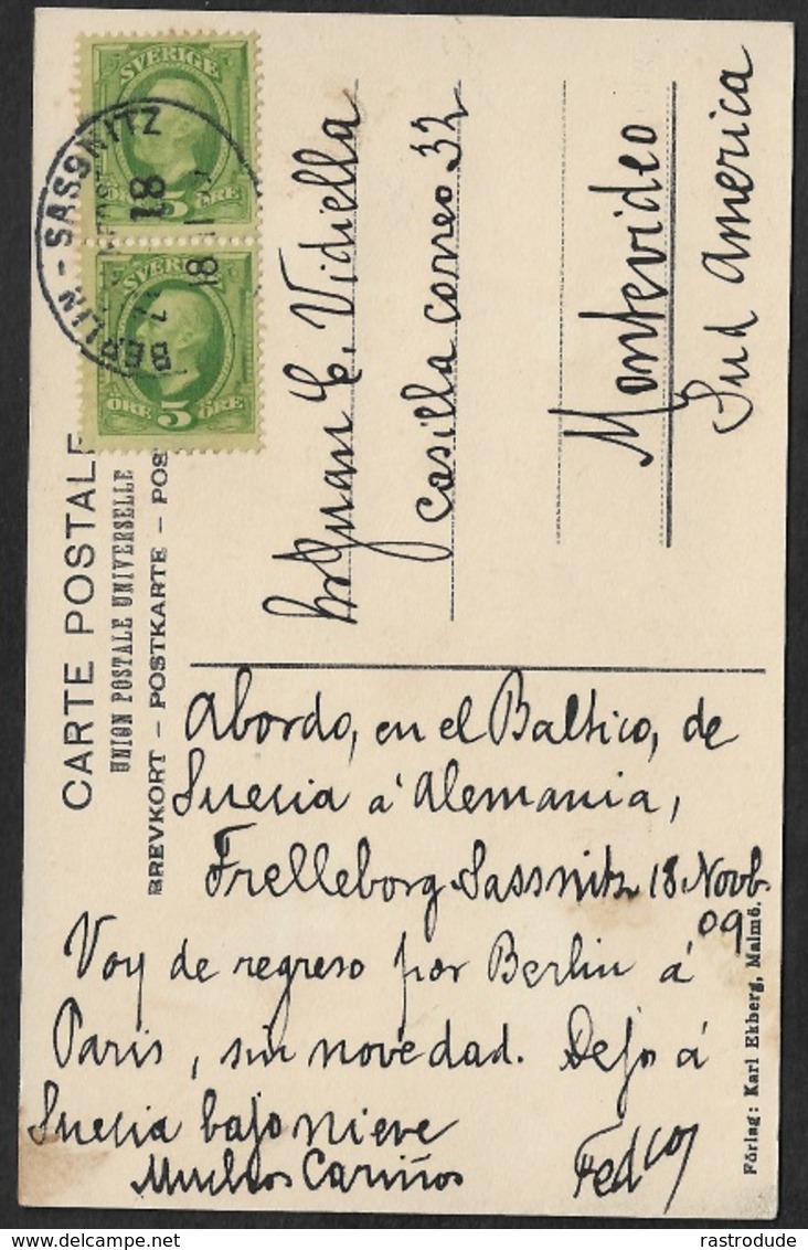 1909 SCHWEDEN SEEPOST -  BAHNPOST Nach MONTEVIDEO. Nur 19 Bekannte Belege Lt - Ferden Census Voll III - Ref: 457-027 - Ganzsachen