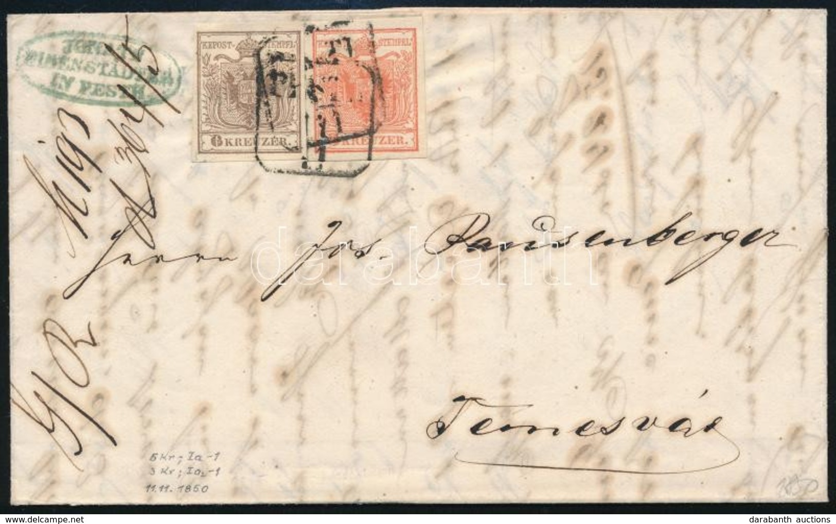 1850 3kr + Lemezhibás 6kr HP I  Levélen 'PESTH' - 'TEMESVÁR' - Altri & Non Classificati