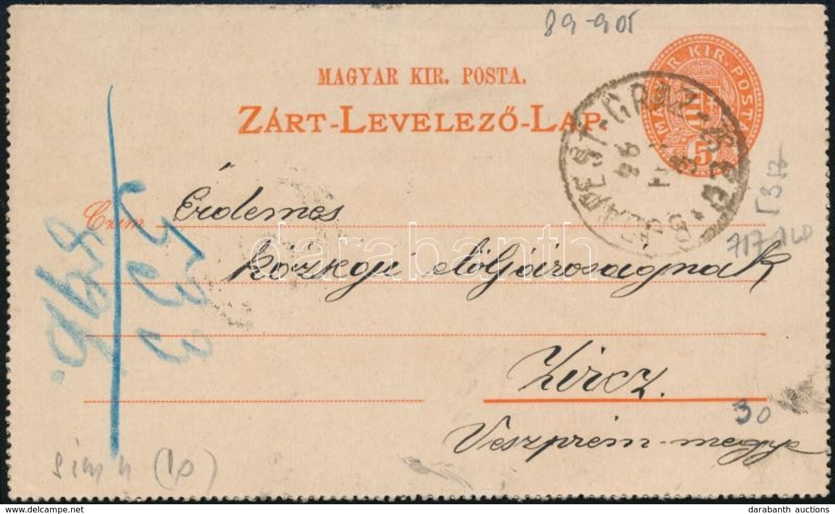 1896 Zárt Levelezőlap 'BUDAPEST-GRAZ 53' Mozgóposta Bélyegzéssel - Altri & Non Classificati