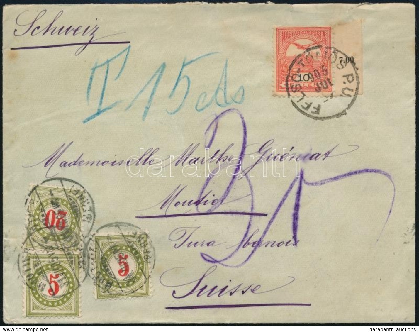 1905 Levél Svájcba 10f Turul Bérmentesítéssel, 30c Svájci Portóval - Altri & Non Classificati