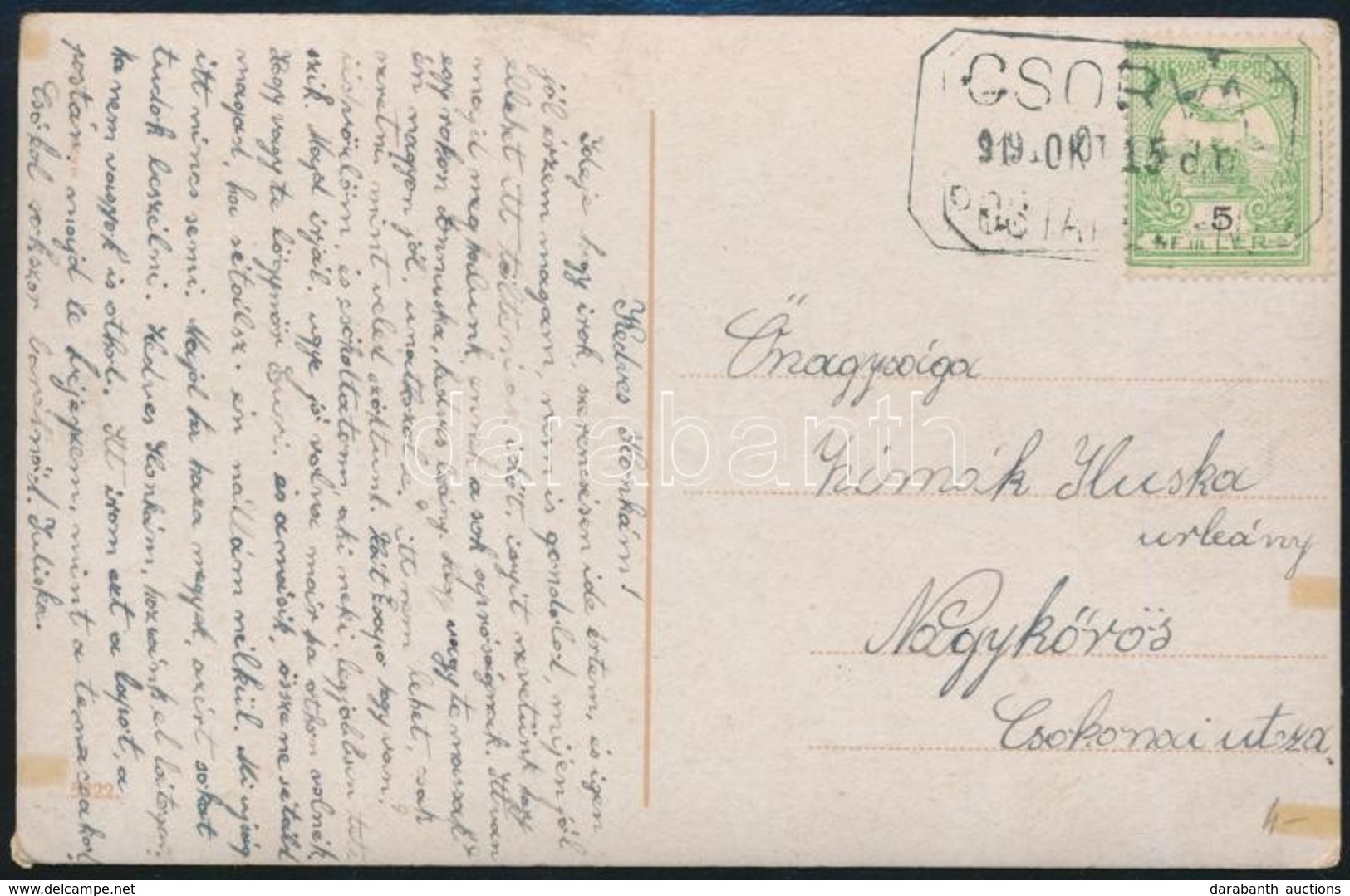 1919 Képeslap CSORVA Postaügynökségi Bélyegzéssel - Sonstige & Ohne Zuordnung