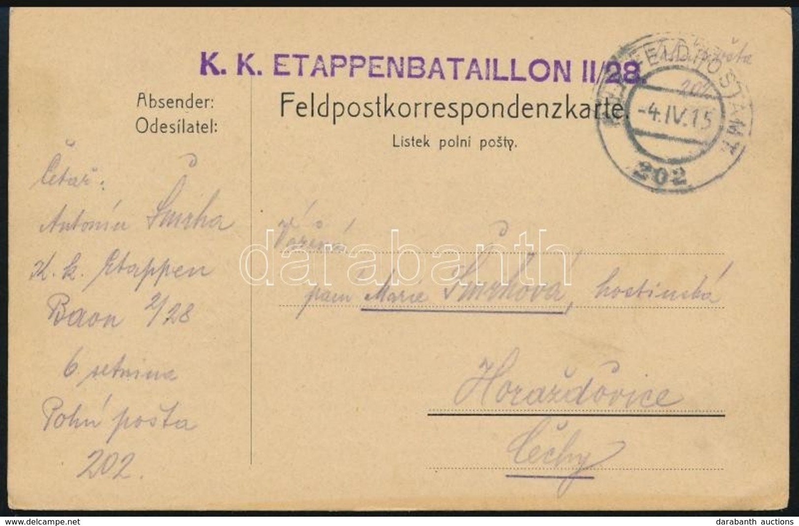 1915 Tábori Posta Levelezőlap 'K.K. ETAPPENBATAILLON II/28' + 'FP 202' - Autres & Non Classés