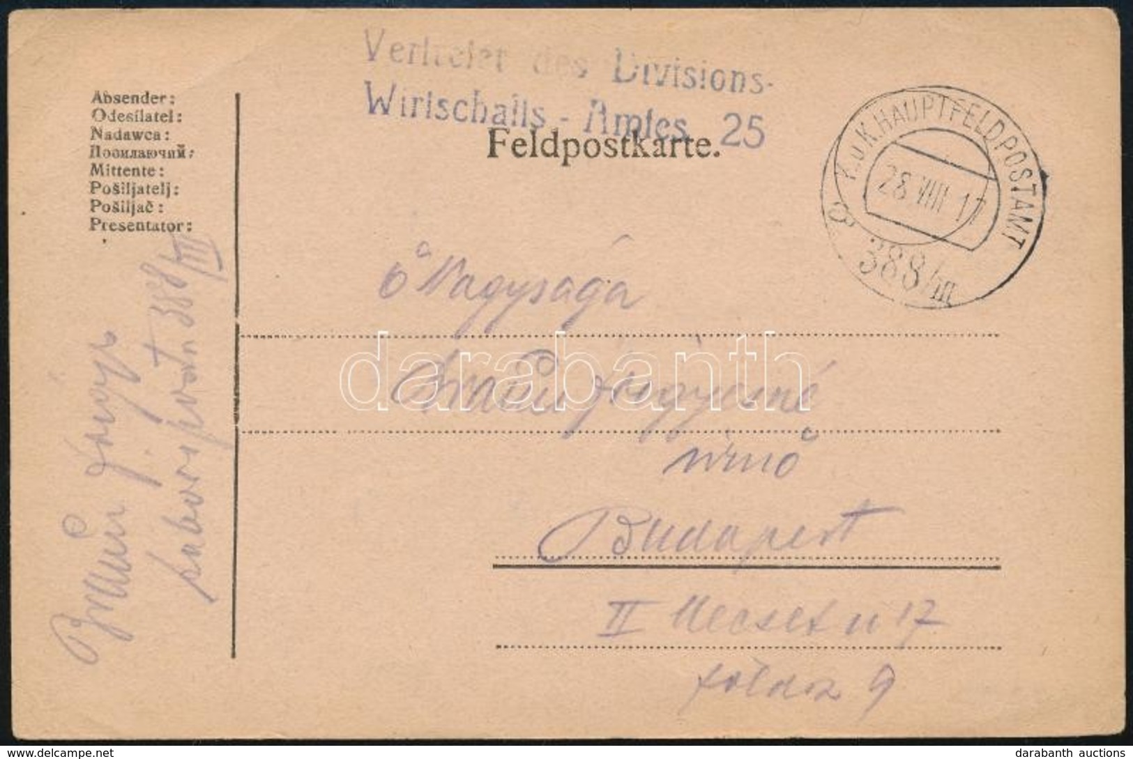 1917 Tábori Levelezőlap 'Vertreter Des Divisionswirtschafts-Amtes 25' + 'HFP 388/III A' - Altri & Non Classificati