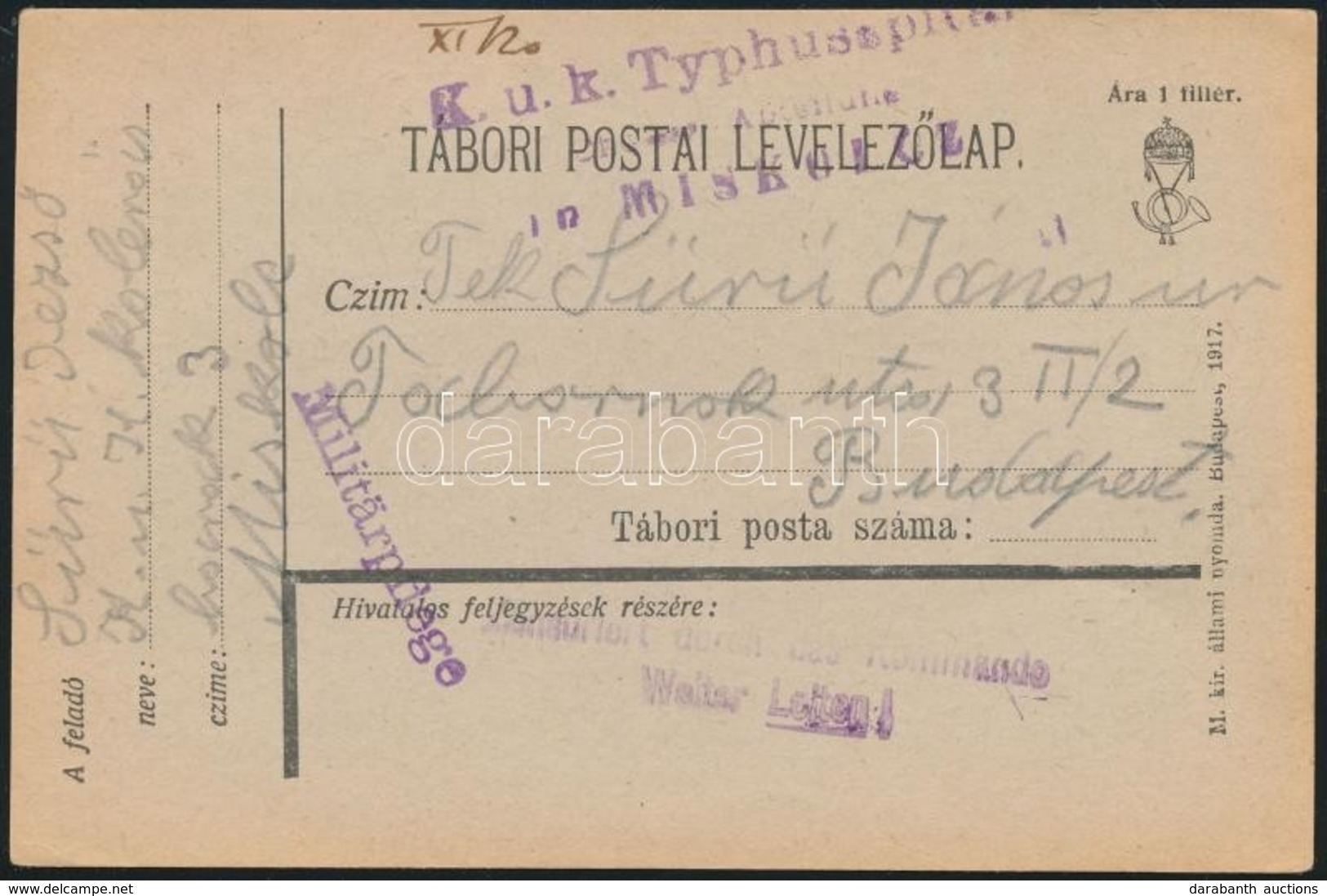 1917 Tábori Posta Levelezőlap / Field Postcard 'K.u.k. Typhusspital ... In Miskolcz' - Altri & Non Classificati