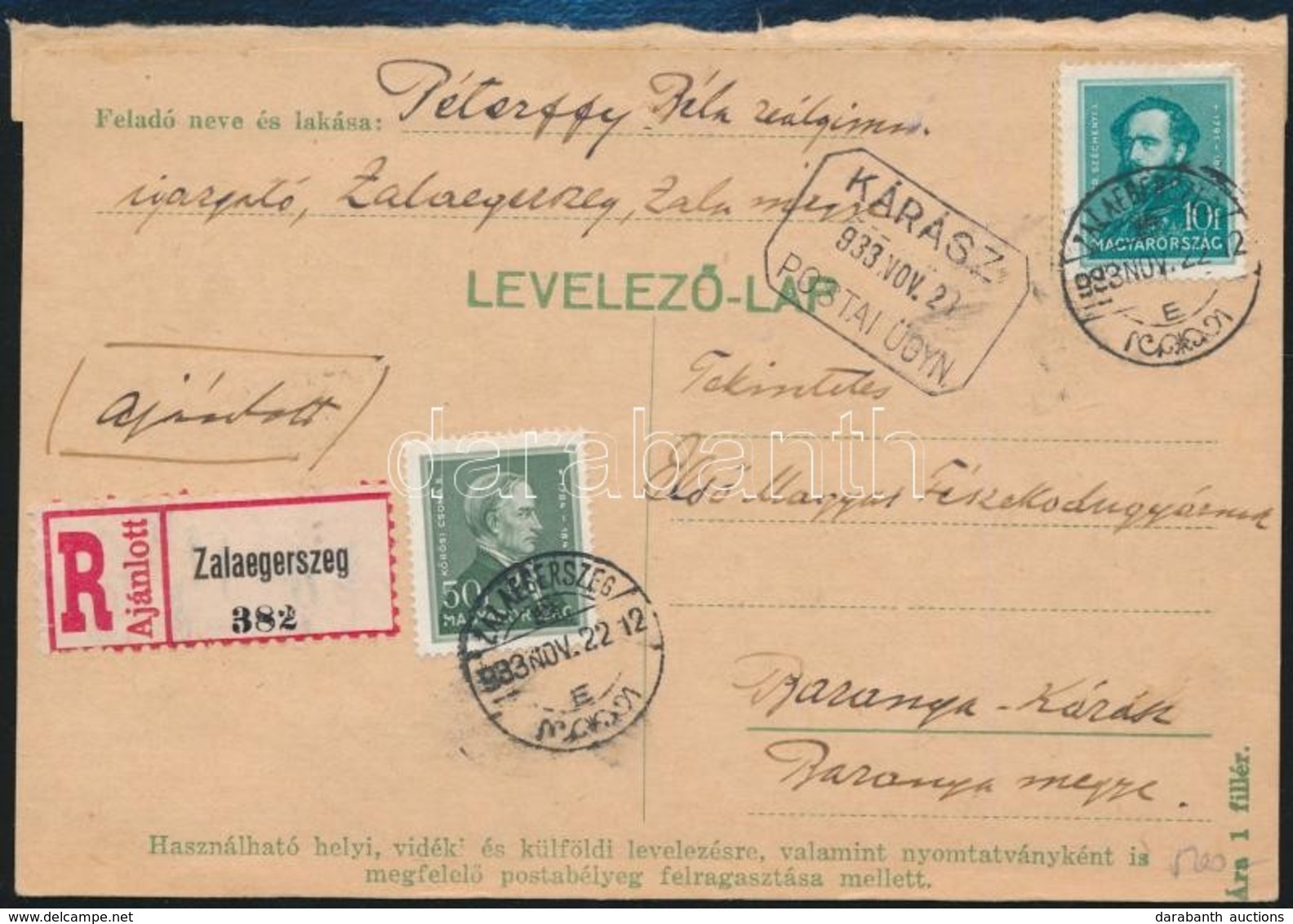 1933 Ajánlott Levelezőlap KÁRÁSZ Postaügynökségi Bélyegzéssel - Autres & Non Classés