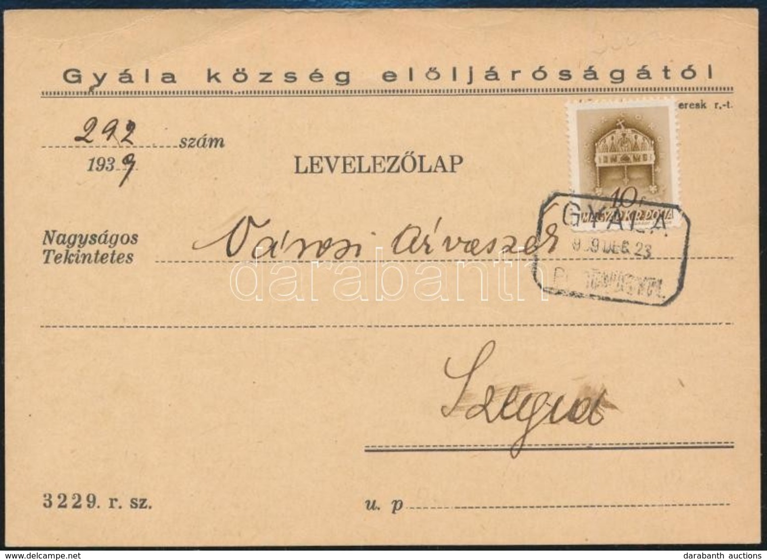 1939 Levelezőlap GYÁLA Postaügynökségi Bélyegzéssel - Autres & Non Classés