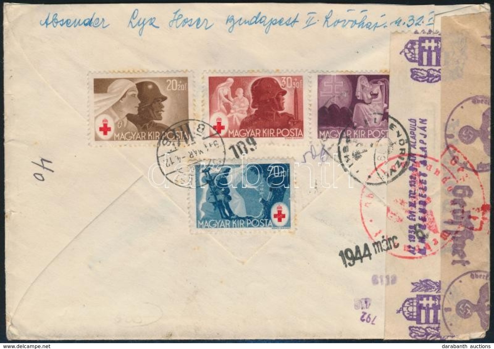 1944 Ajánlott, Cenzúrázott, Légi Levél Vöröskereszt Sorral Párizsba / Mi 749-752 On Registered, Censored, Airmail Cover  - Altri & Non Classificati