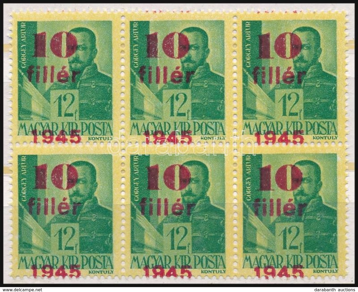 ** 1945 Kisegítő 10f/12f 6-os Tömb, Másik Bélyegre átcsúszott Felülnyomással - Otros & Sin Clasificación