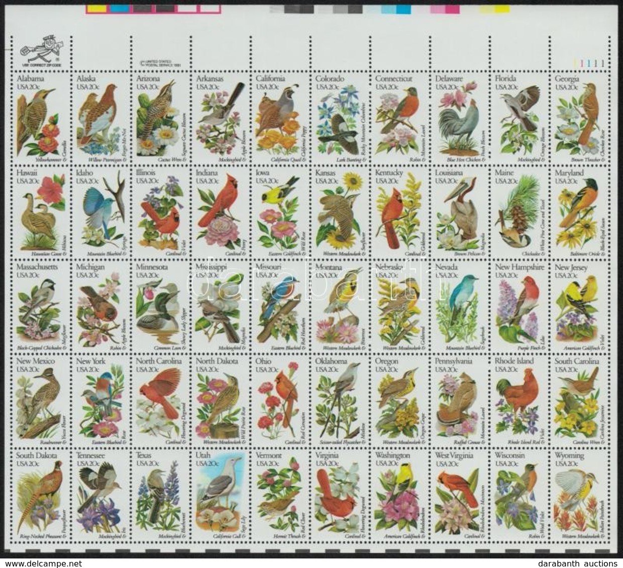 ** 1982 Madarak és Növények, Az 50 állam Kisív,
Birds And Plants, 50 States Mini Sheet
Mi 1532-1581 F - Altri & Non Classificati