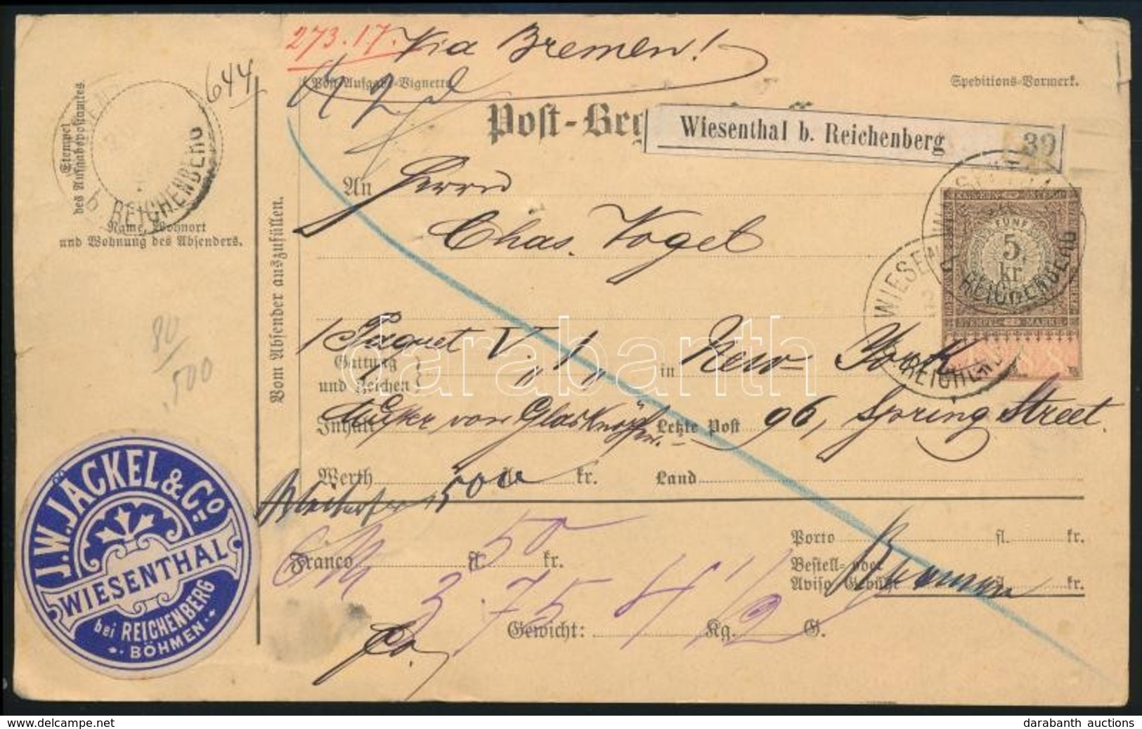 1889 Csomagszállító New Yorkba / Parcel Card 'WIESENTHAL B. REICHENBERG' - 'ZITTAU' - 'BREMEN' - New York - Altri & Non Classificati
