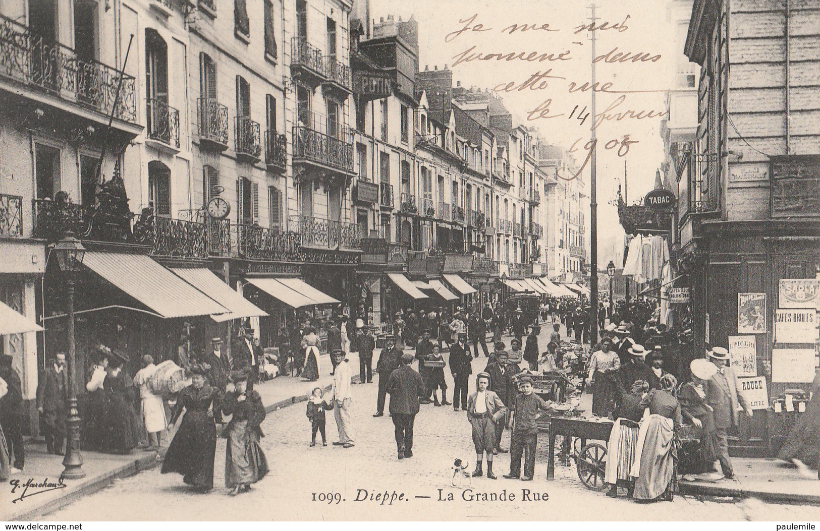 CPA     76 DIEPPE  LA GRANDE RUE    TRES ANIMEE   SIGNEE G MARCHAND    ANIMEE    1908   A89 - Dieppe