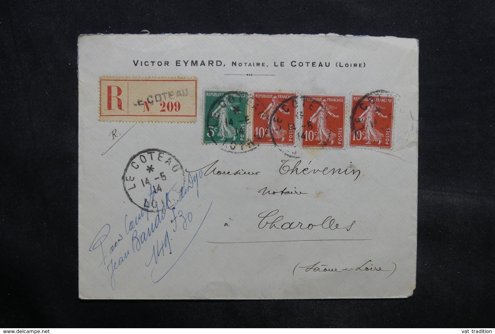 FRANCE - Enveloppe En Recommandé De Le Coteau Pour Charolles En 1914 - L 34344 - 1877-1920: Période Semi Moderne