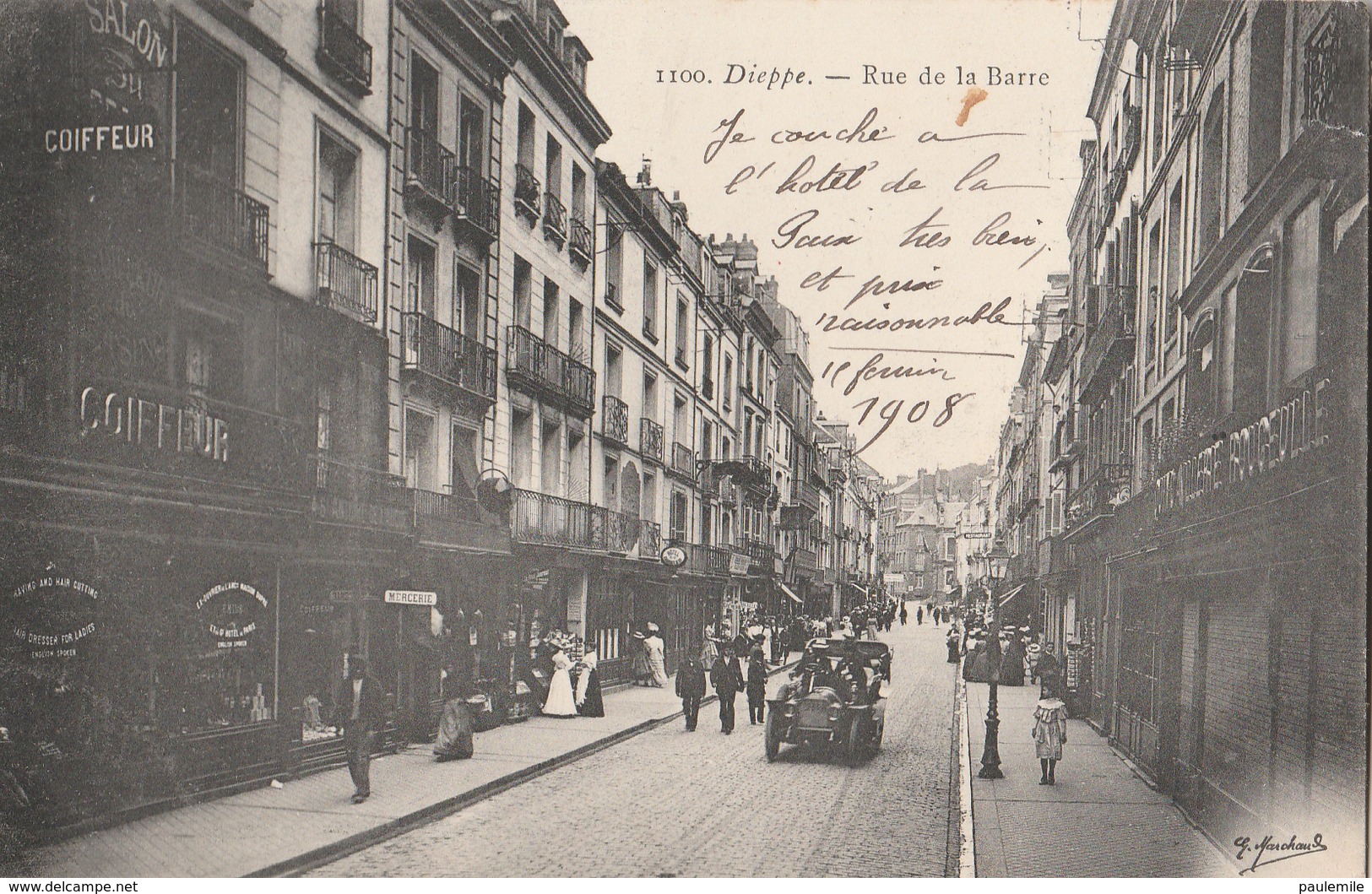 CPA     76  - DIEPPE    RUE DE LA BARRE  1908  ANIMEE SIGNEE MARCHAND     A 90 - Dieppe