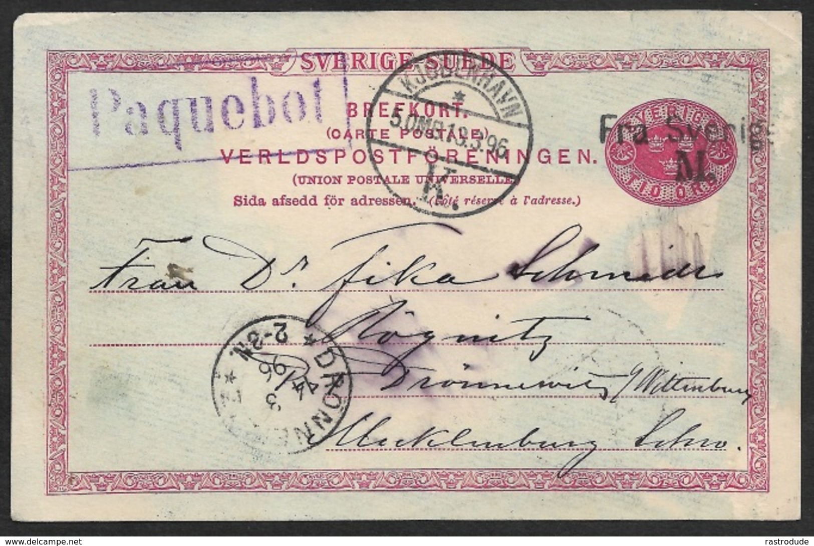 1896 Schweden GZ Schiffspost Paquebot Nach Drönnewitz - FRA SVERIGE M - Entiers Postaux