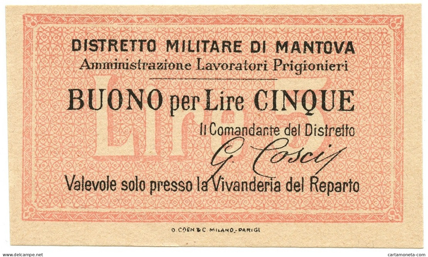 5 LIRE NON EMESSO DISTRETTO MILITARE DI MANTOVA PRIGIONIERI QFDS - Altri & Non Classificati