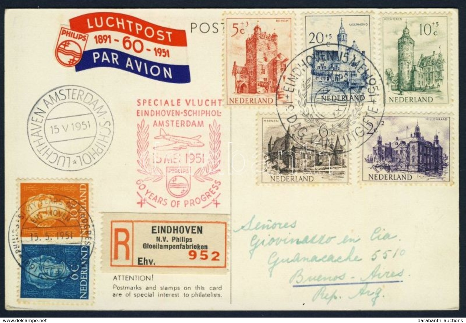 1951 Mi 570-574 Ajánlott Elsőnapi Légi Képeslap Alkalmi Repüléssel  Argentínába / Registered First Day Card With Special - Autres & Non Classés