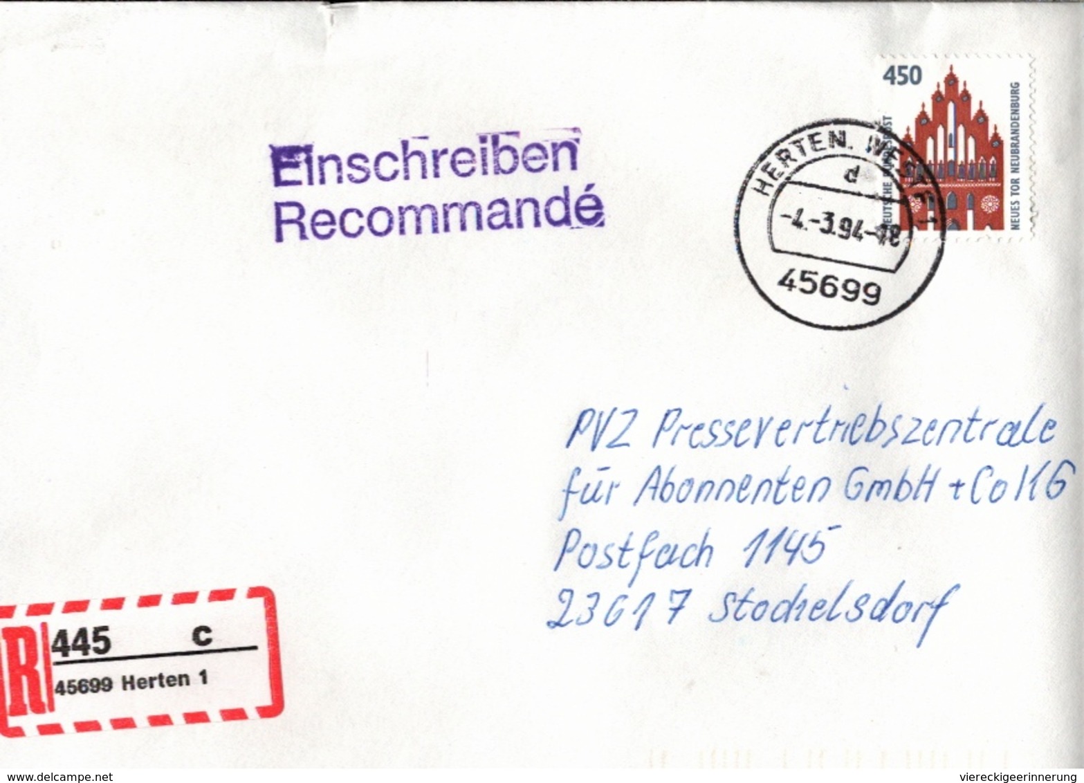 ! 1 Einschreiben 1994  Mit Selbstklebenden R-Zettel  Aus Herten, 45699 - R- Und V-Zettel