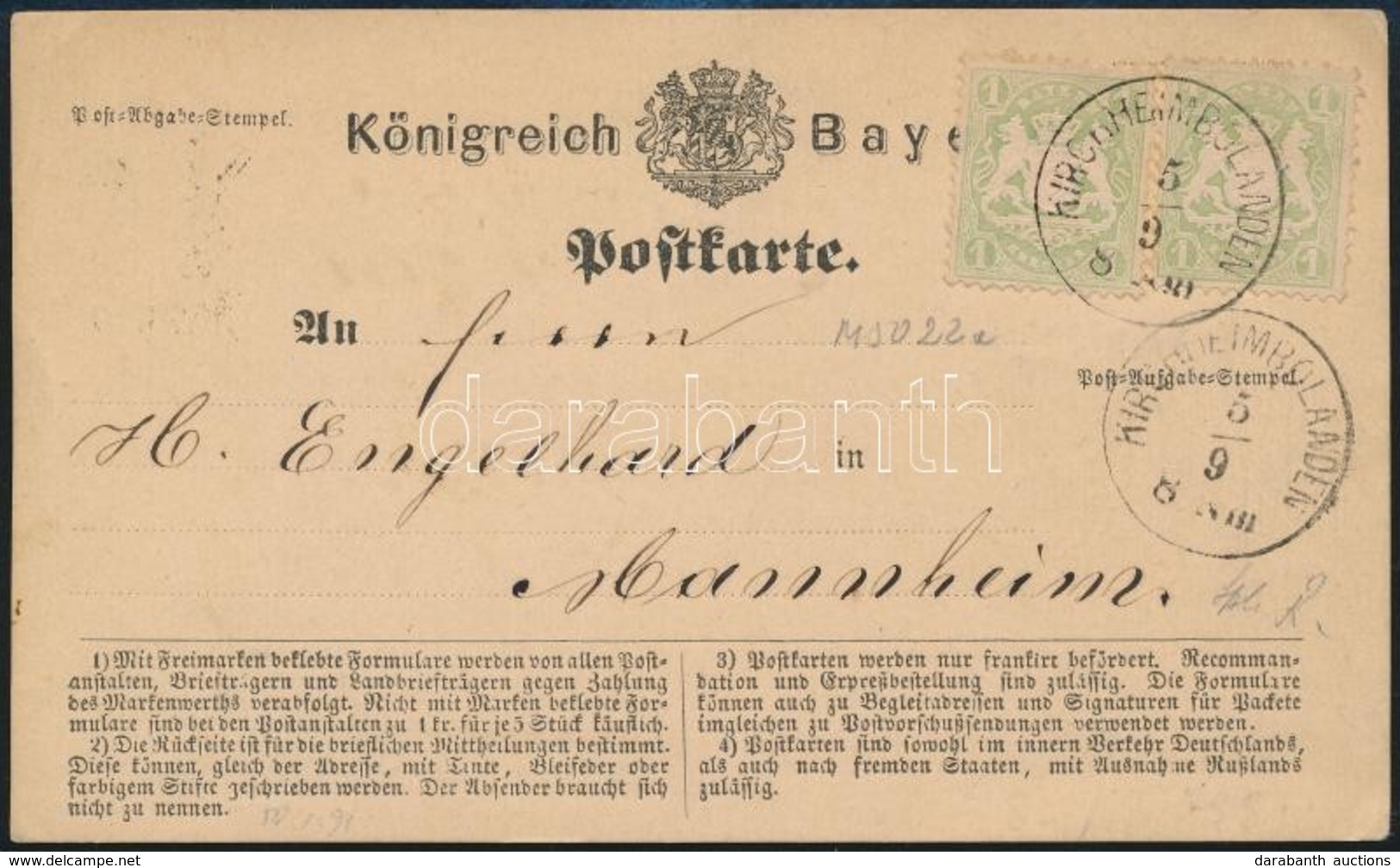 1874 Levelezőlap 2 X 1kr Bélyeggel / Postcard With 2 X 1kr Stamps 'KIRCHHEIMBOLANDEN' - Altri & Non Classificati