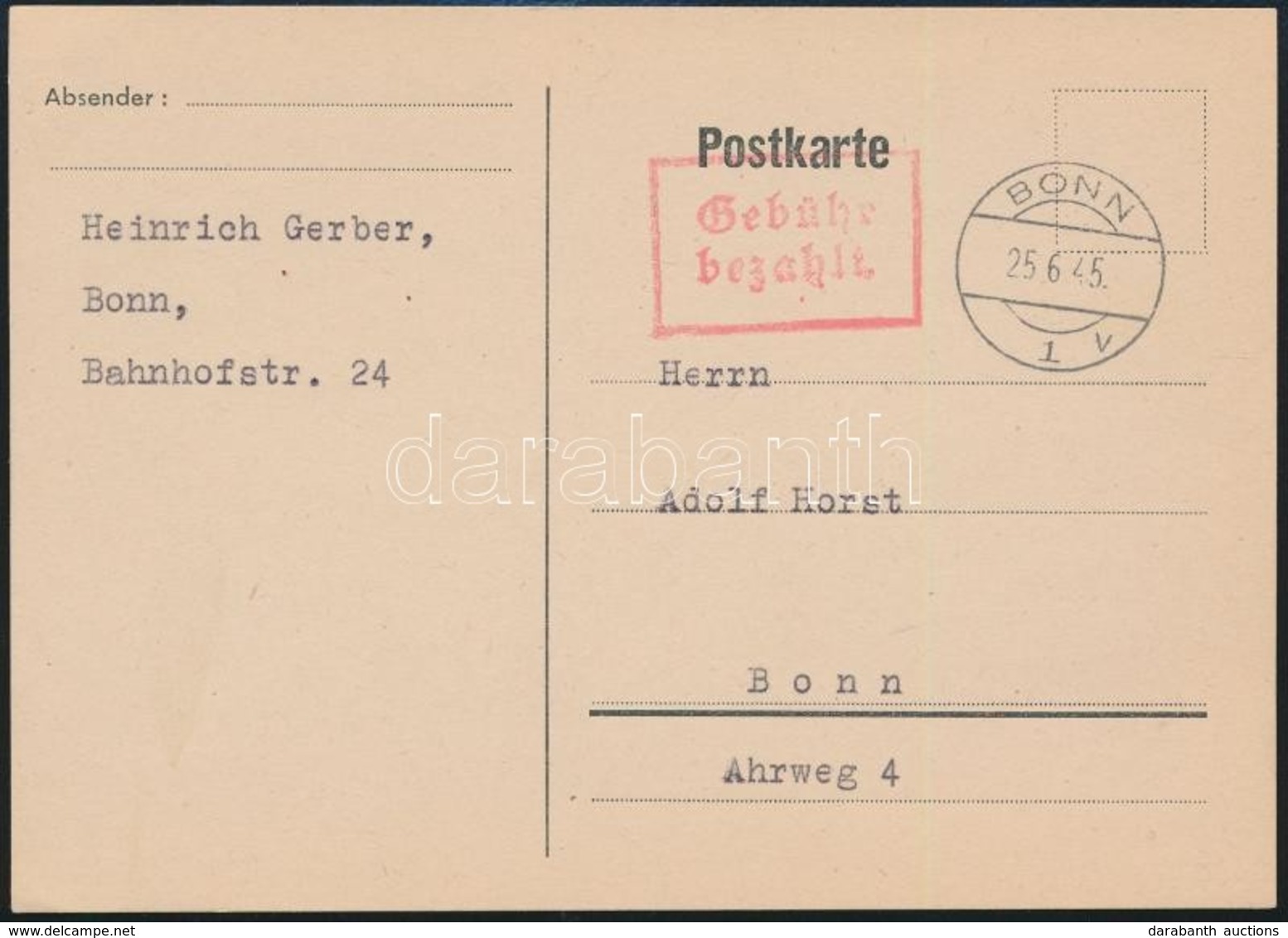 1945 Bonni Levelezőlap 'Gebühr Bezahlt' Bélyegzéssel - Altri & Non Classificati