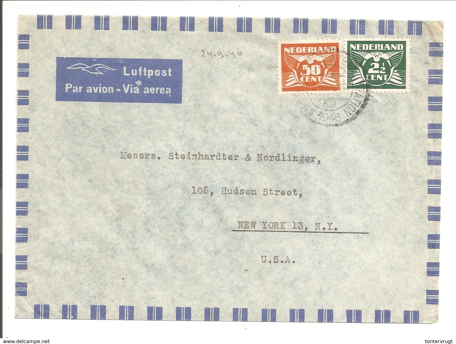 Lebeau 2 1/2 + 50c N.V.P.H. 379 + 391Luchtpost Amsterdam>U.S.A. - Brieven En Documenten